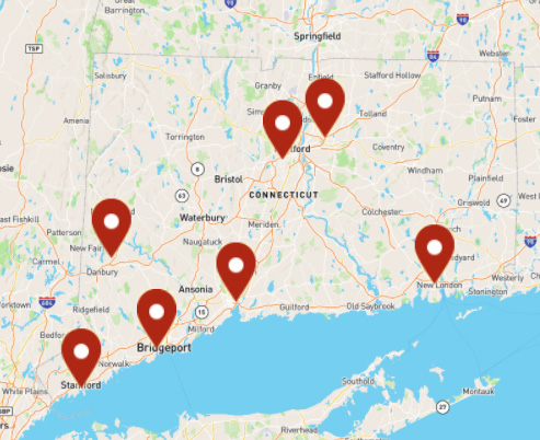 Map of Connecticut with Tile America locations pinned