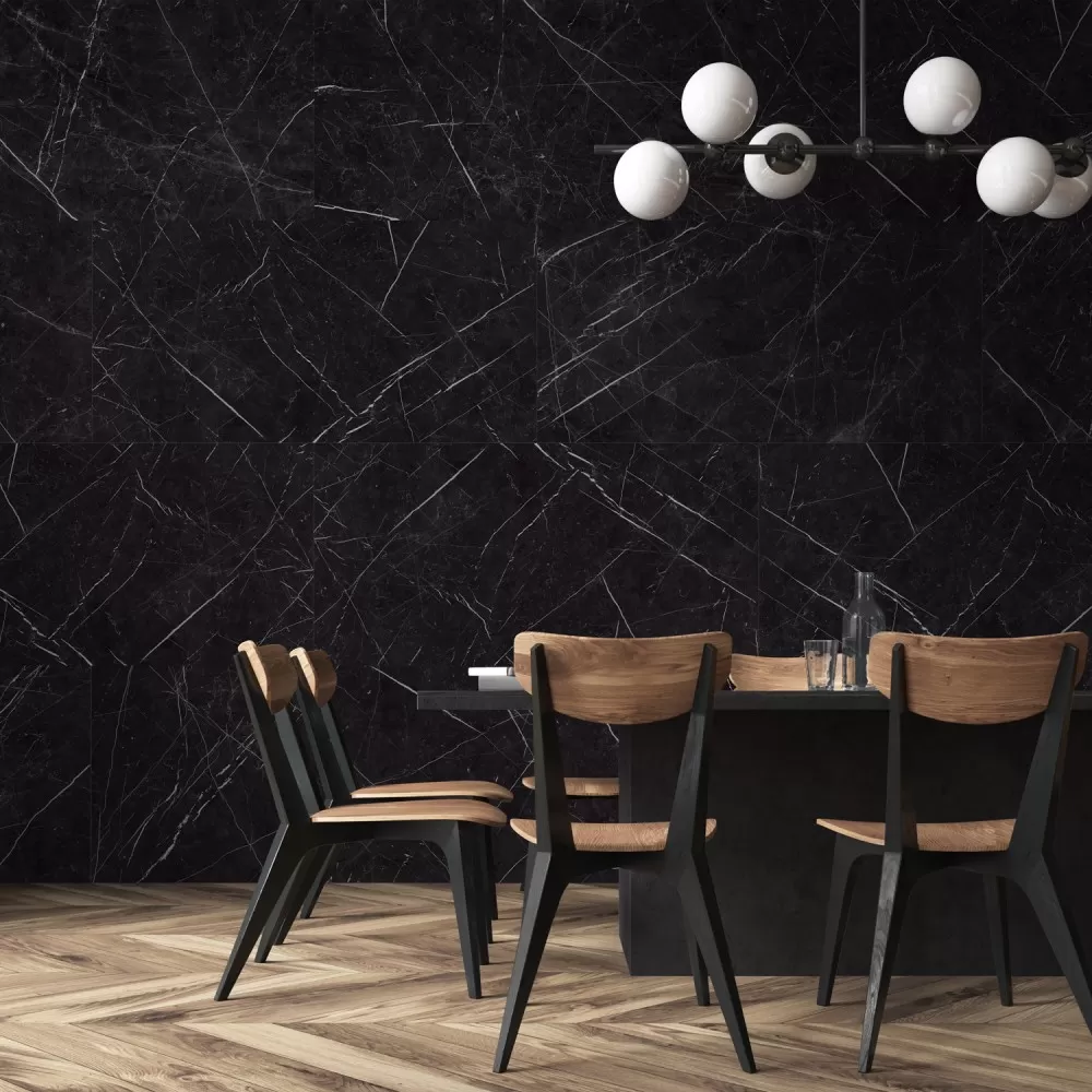 dinning room black onyx porcelain wall with a wood floor