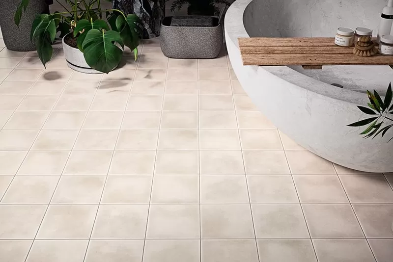 Beige tile floor with a bathrut in the corner and plants up top.