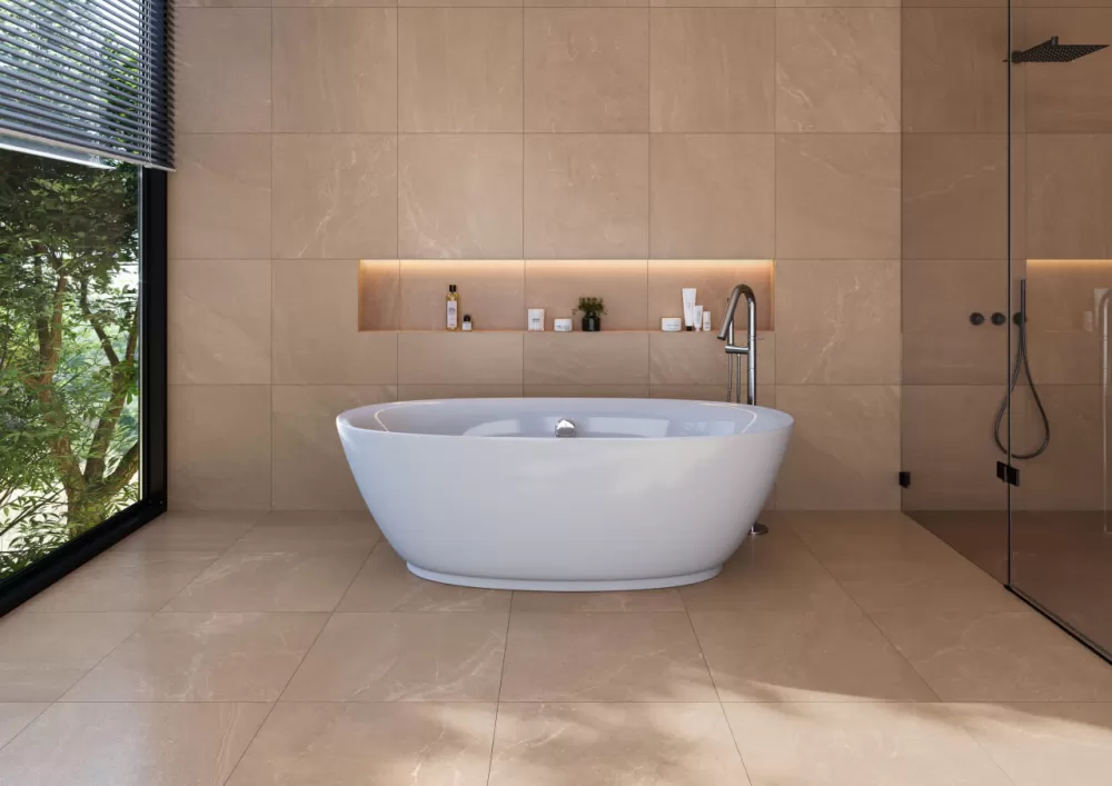 Warm Greige floor and wall tile with a middle bathtub and shower on the right