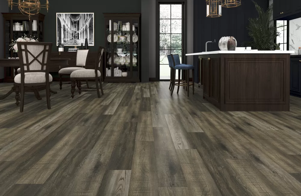 Panzu - Luxury Vinyl Plank.  Kitchen and dining area with vinyl floor in brown tones 