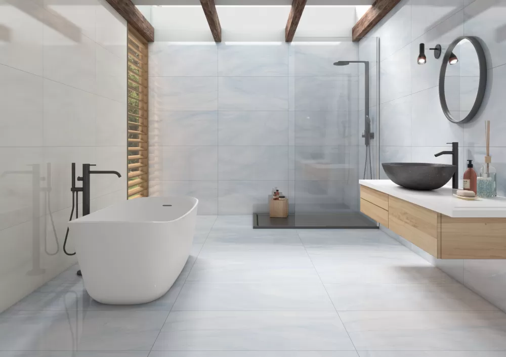 Modern bathroom with blue floor and backsplash and shower walls and a beige bathtub wall