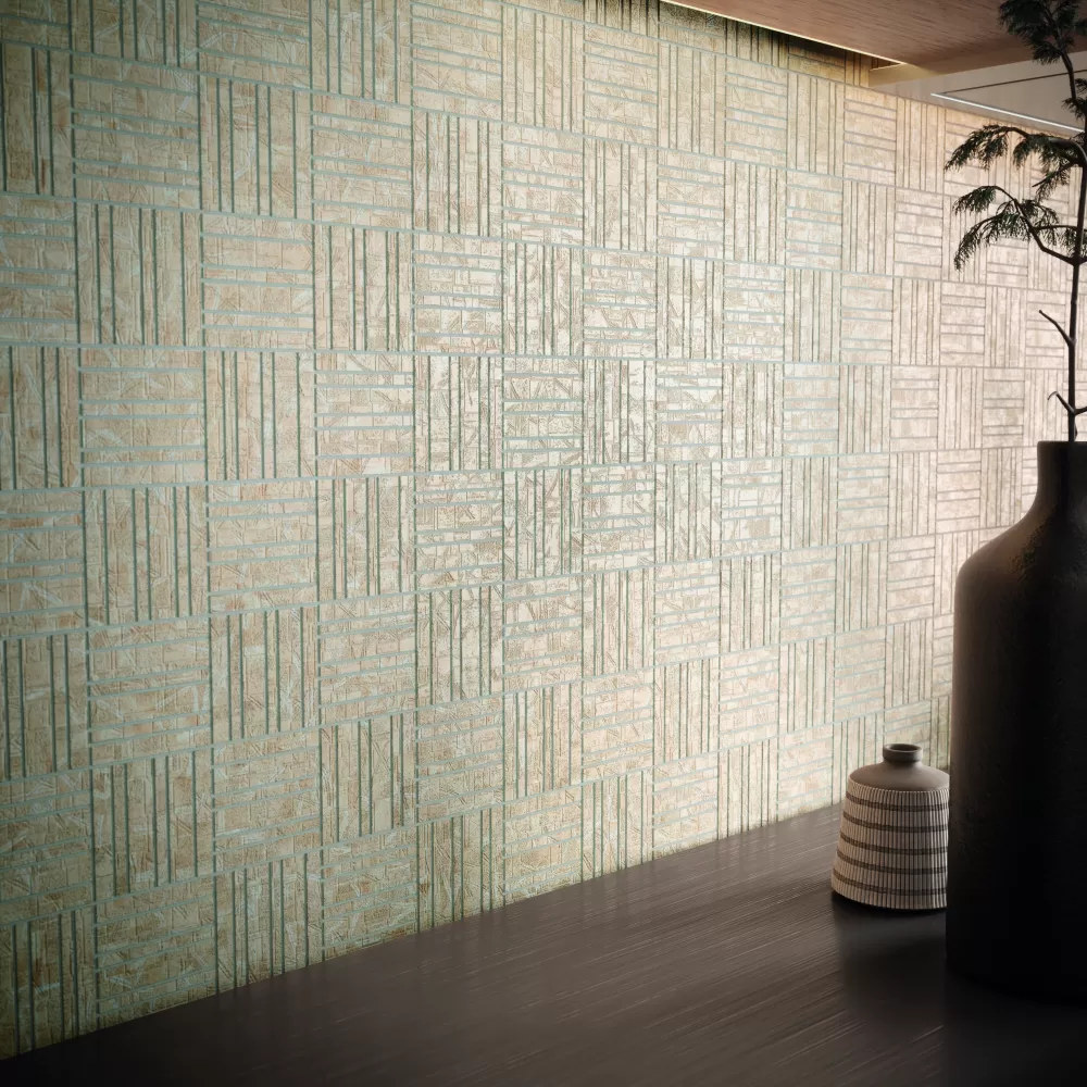 Beige mosaic wall with brown credenza