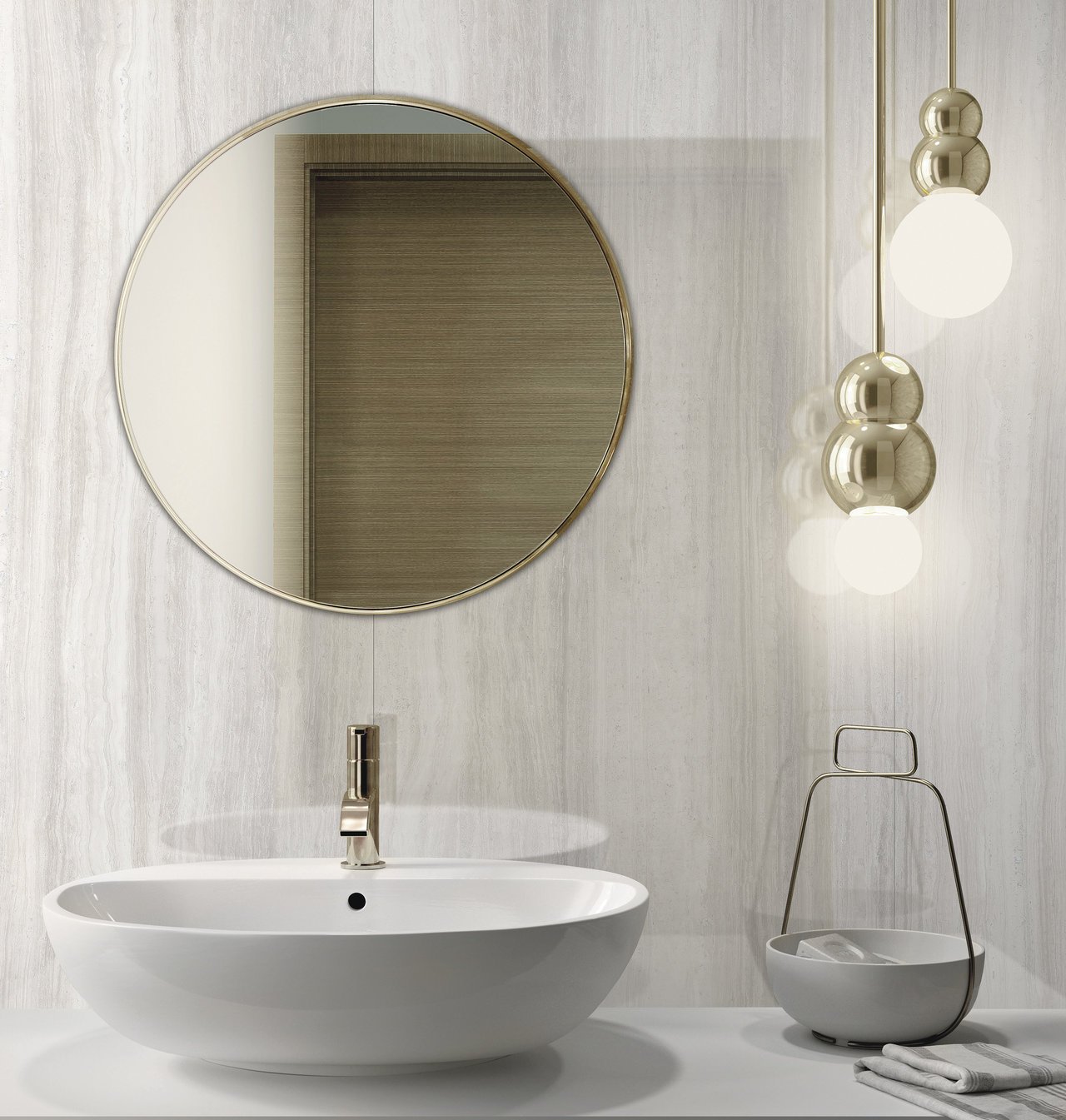 Powder room with round mirror beautiful striated tile and vessel sink.