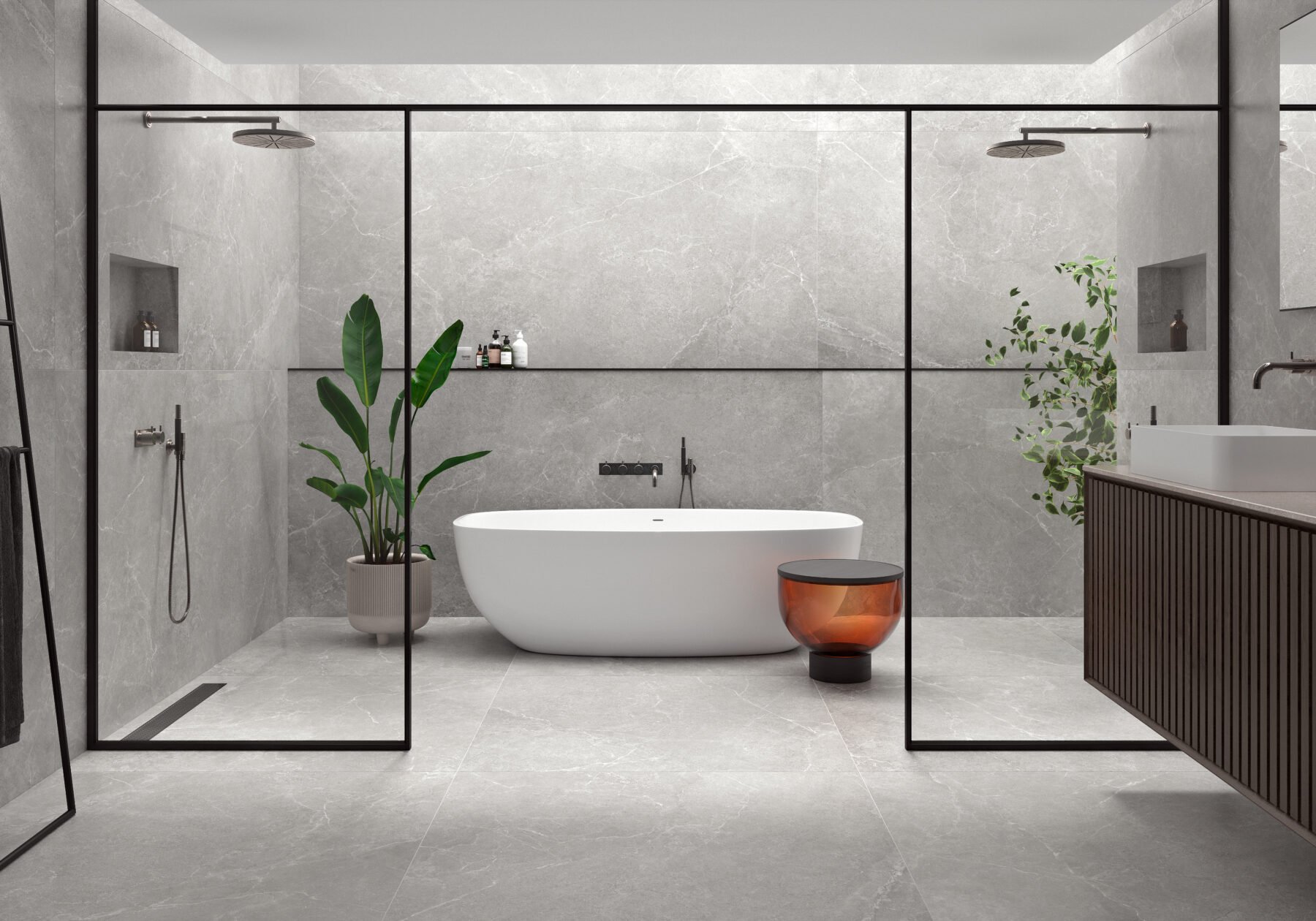 Double shower bathroom design with free-standing tub